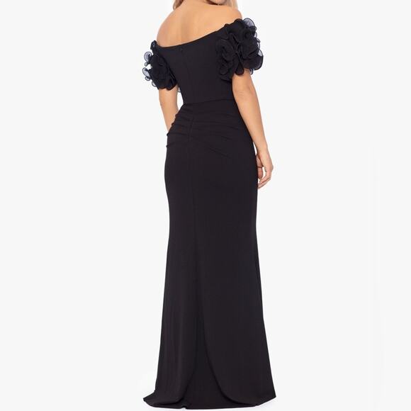 XSCAPE “Ashlyn” Long Scuba Crepe Off the Shoulder Wire Flower Gown Black Sz 10 - Picture 6 of 10